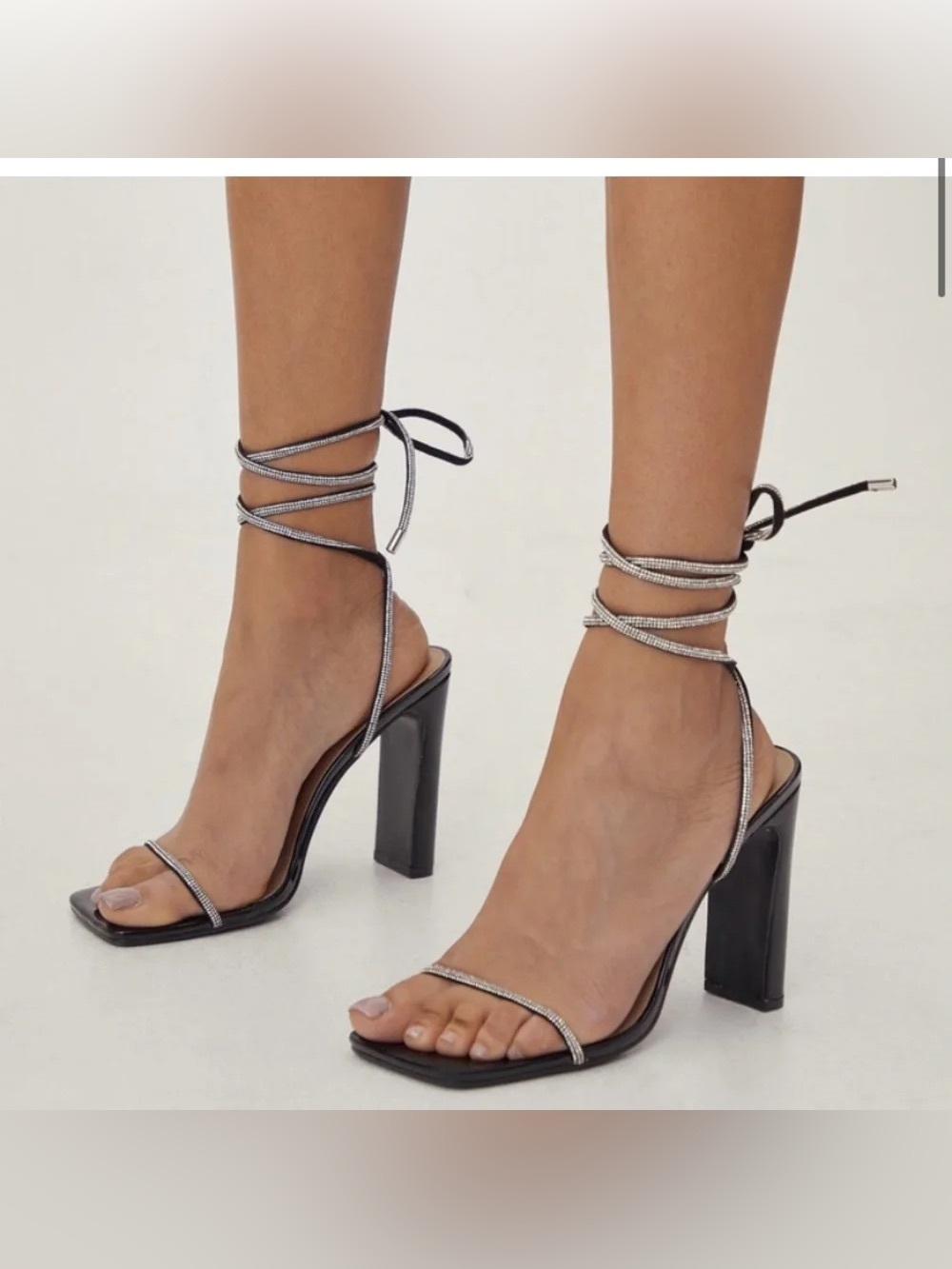 Nasty Gal Black Patent Diamante Lace-Up Heels with Rhinestone Straps